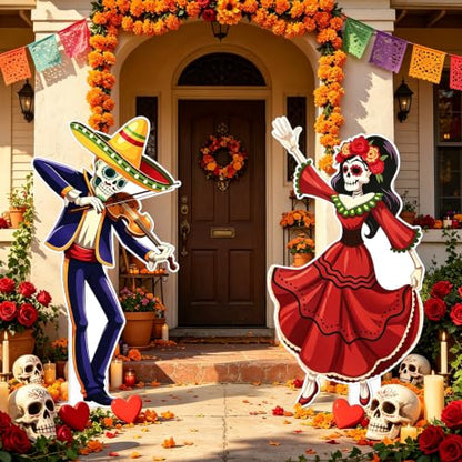 Vibrant Day of The Dead Cardboard Cutouts - Indoor & Outdoor Decor Set