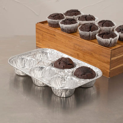 Restaurantware Pastry Tek 9.5 x 6.5 x 1.5 Inch Muffin Tins 25 Disposable Cupcake Pans - 6 Cavities Standard Size Silver Aluminum Baking Pans Durable For Baking Cupcakes Muffins or Mini Pies