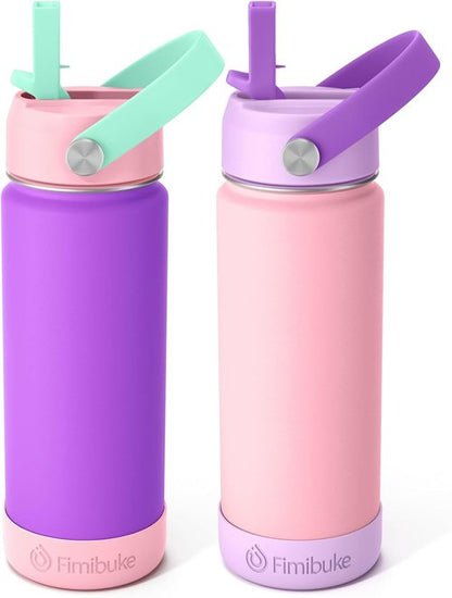 Fimibuke Kids Insulated Water Bottle - 18oz BPA-Free Stainless Steel Tumbler with Straw | Leak-Proof Design (2 Pack, Macaron)