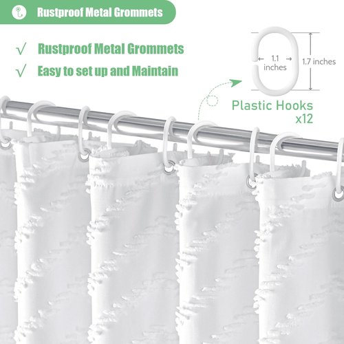 Dynamene Boho Farmhouse Shower Curtain, White Fabric Tufted Chevron Striped Textured Tassel Shower Curtains for Bathroom, Water Repellent, Minimalist Ruffled Cloth Shower Curtain Set with Hook, 72x72