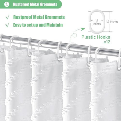 Dynamene Boho Farmhouse Shower Curtain, White Fabric Tufted Chevron Striped Textured Tassel Shower Curtains for Bathroom, Water Repellent, Minimalist Ruffled Cloth Shower Curtain Set with Hook, 72x72