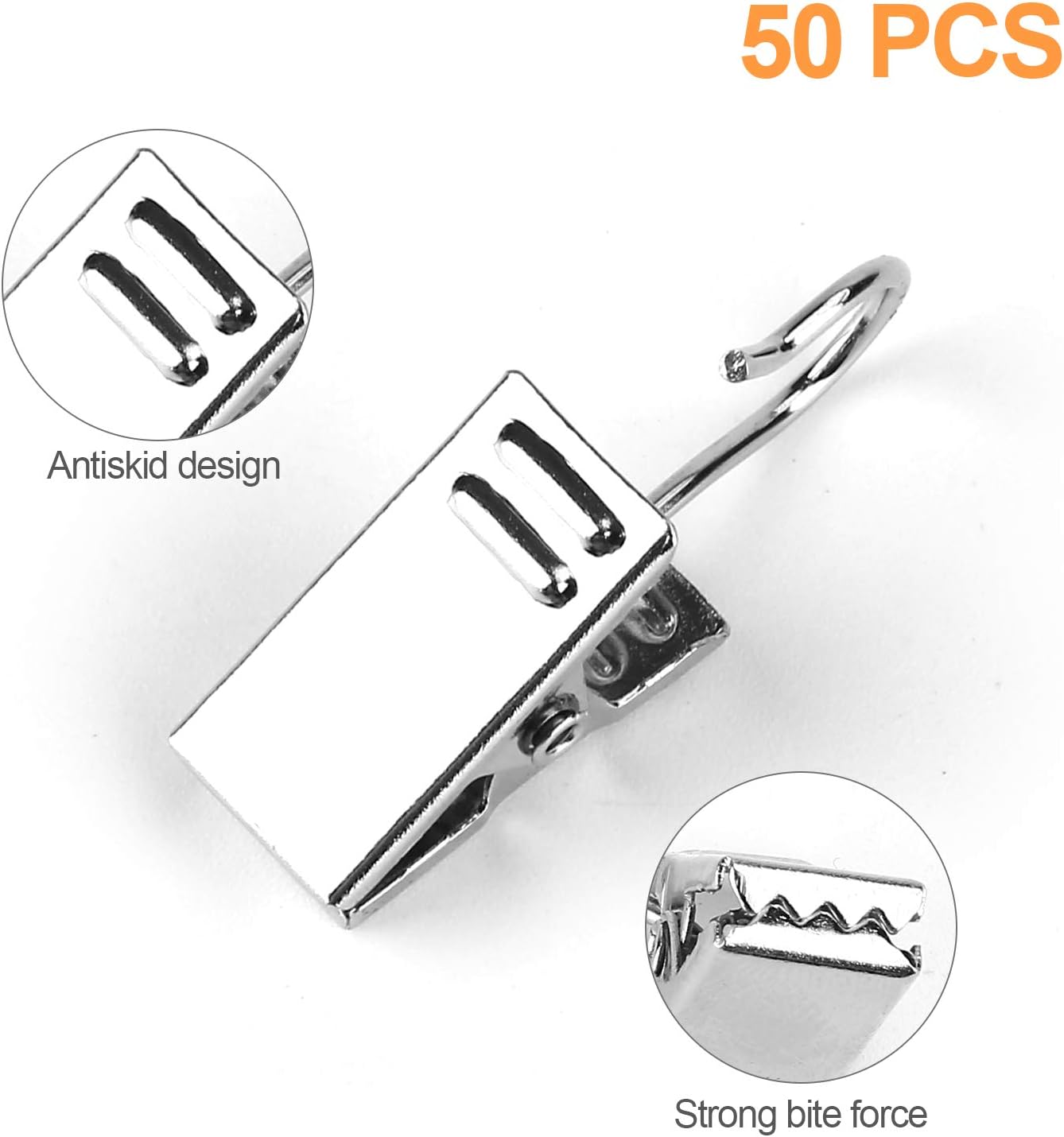 Skiennix 50 PCS Heavy Duty Curtain Hooks - Stainless Steel Clips for Home Decor & Art Display (Silver)