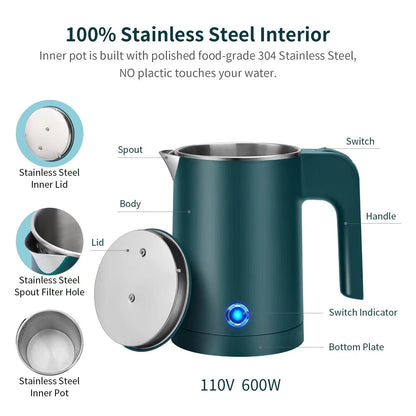 Small Portable Electric Kettle, 0.6L Mini Stainless Steel Travel Kettle, Portable Mini Hot Water Boiler Heater, Quiet Fast Boil & Cool Touch with Boil-Dry Protection (Green)