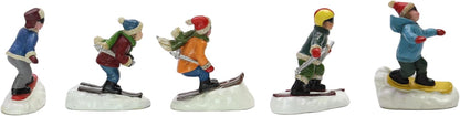 Moments In Time Christmas Village Set - Hand-Painted Skiing & Snowboarding Figures | 5-Piece Holiday Decor