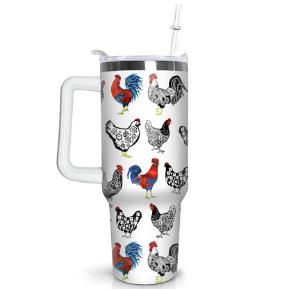 qoepfnsh 40 oz Chicken Tumbler with Handle and Straw, Boho Rooster Stainless Steel Vacuum Insulated Travel Coffee Mug Cup Water Bottle, Chicken Stuff Accessories Decor, Rooster Gifts for Women Girls