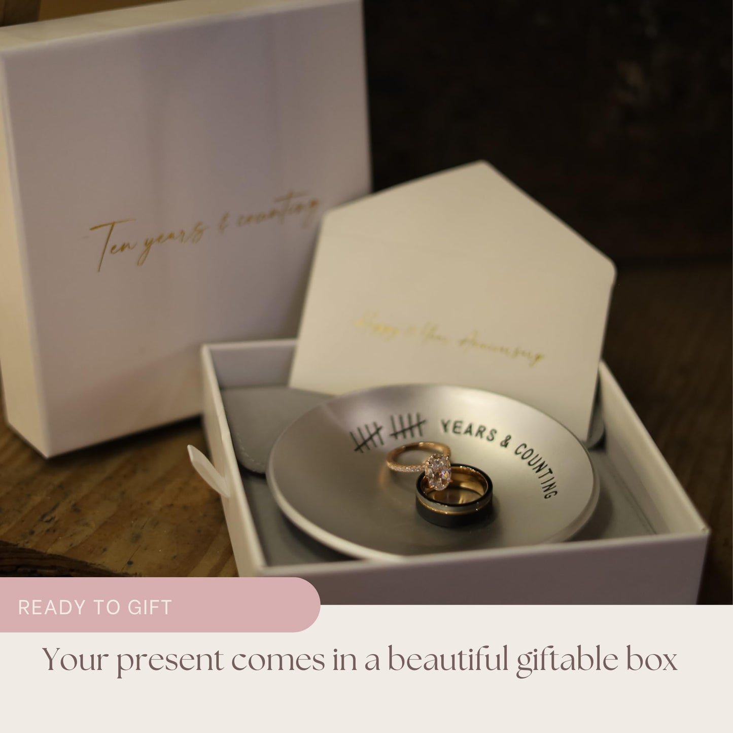 PureRejuva 10th Anniversary Tin Gifts - 4 In. Engraved Aluminum Wedding Ring Holder Dish & Gift Box - 10 Year Anniversary for Him & Her Textured Style