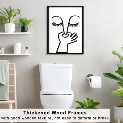 KIOSSUT 3D Wood Framed Bathroom Wall Art - Cute Black and White Toilet Pictures | Ready to Hang, 12 x 16 Inches