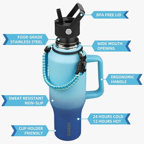 BJPKPK Insulated Water Bottle - 40oz Stainless Steel Tumbler with Straw Lid & Paracord Strap | Sky Color