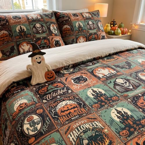 Halloween Bedding Duvet Cover Set Queen Size Bat Ghost Pumpkin - 3pcs - Tudomro