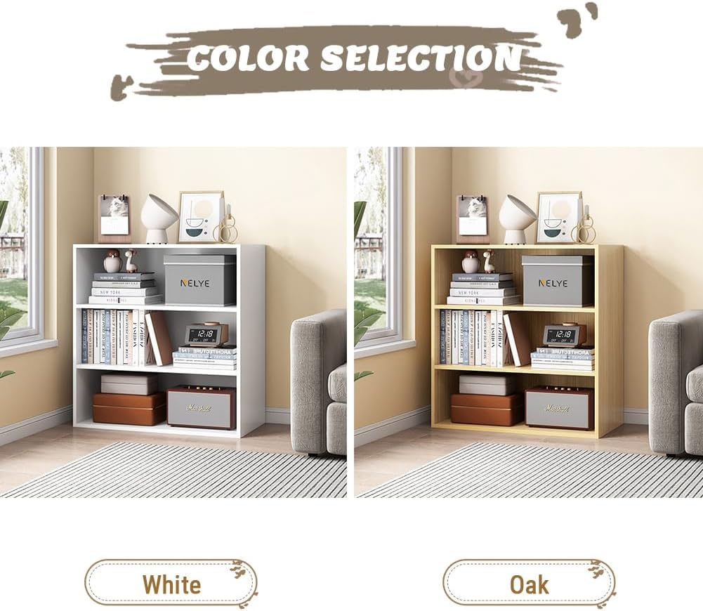 NELYÉ Open Shelf Bookcase - 3-Tier Wooden Cube Storage for Books & Decor | White Finish