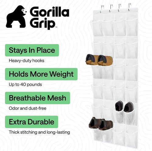 GORILLA GRIP Over The Door Shoe Organizer - 24 Extra Large Breathable Mesh Pockets | Space-Saving Storage Solution in White