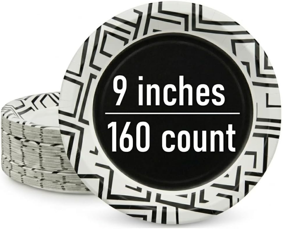Paper Plates - 9 Inch Decorative Disposable Dinnerware | 160 Count, Soak Proof & Microwave Safe (Black)
