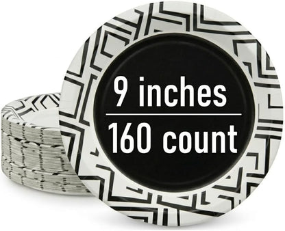 Paper Plates - 9 Inch Decorative Disposable Dinnerware | 160 Count, Soak Proof & Microwave Safe (Black)