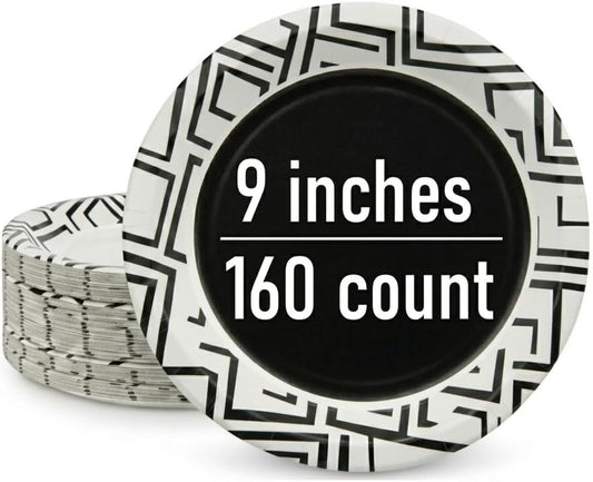 Paper Plates - 9 Inch Decorative Disposable Dinnerware | 160 Count, Soak Proof & Microwave Safe (Black)