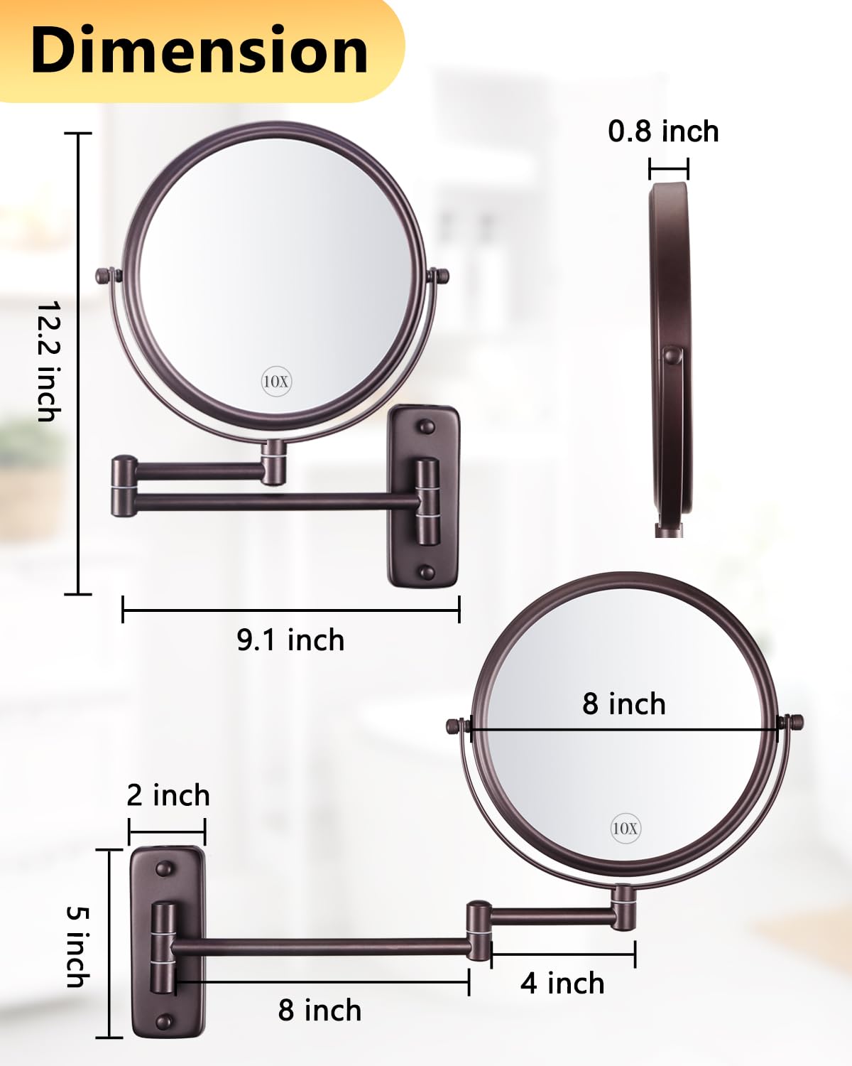 DECLUTTR 8 Inch Wall Mounted Magnifying Mirror with 10x Magnification, Double Sided Vanity Makeup Mirror for Bathroom, Brown