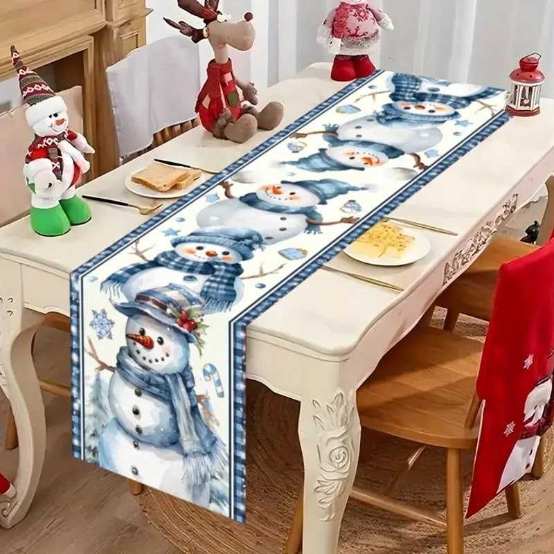 Blue Snowman 13x90 Inch Christmas Table Runner - Snowflake Decor