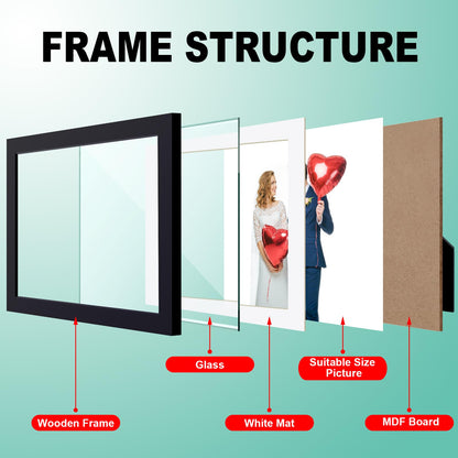 RPJC 11x14 inch Picture Frame Made of Solid Wood and High Definition Glass Display Pictures 8x10 with Mat or 11x14 Without Mat for Table Top Display and Wall Mounting Photo Frame with Stand Black