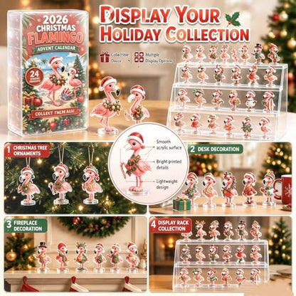 Christmas Flamingo Advent Calendar with 24 Unique 2D Acrylic Figurines - Variation of 1