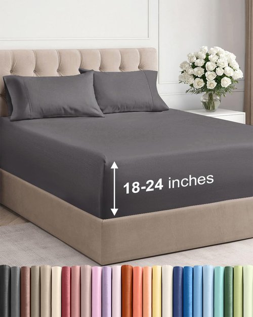 Extra Deep Queen Sheet Set - 4 Piece Breathable & Cooling Bed Sheets - Easily Fits 18 to 24 inch Mattress - Ultra Soft, Wrinkle & Fade Free with Extra Deep Pockets - Hotel Luxury Bedding - Dark Grey