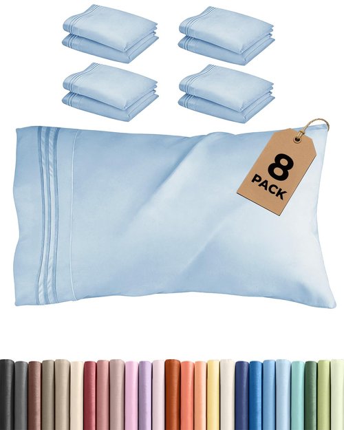 King Pillow Cases Set of 8 - Ultra Soft Hotel Quality Pillowcase Covers - Comfy. Cozy & Wrinkle Free - Shrink, Stain and Fade Resistant - Machine Washable Pillow Protectors - 8 Piece Set - Light Blue