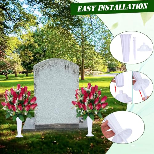 Artificial Cemetery Flowers for Grave Rose Pink 2-Pack with Vases - Memorial Flowers for Tombstone Decoration