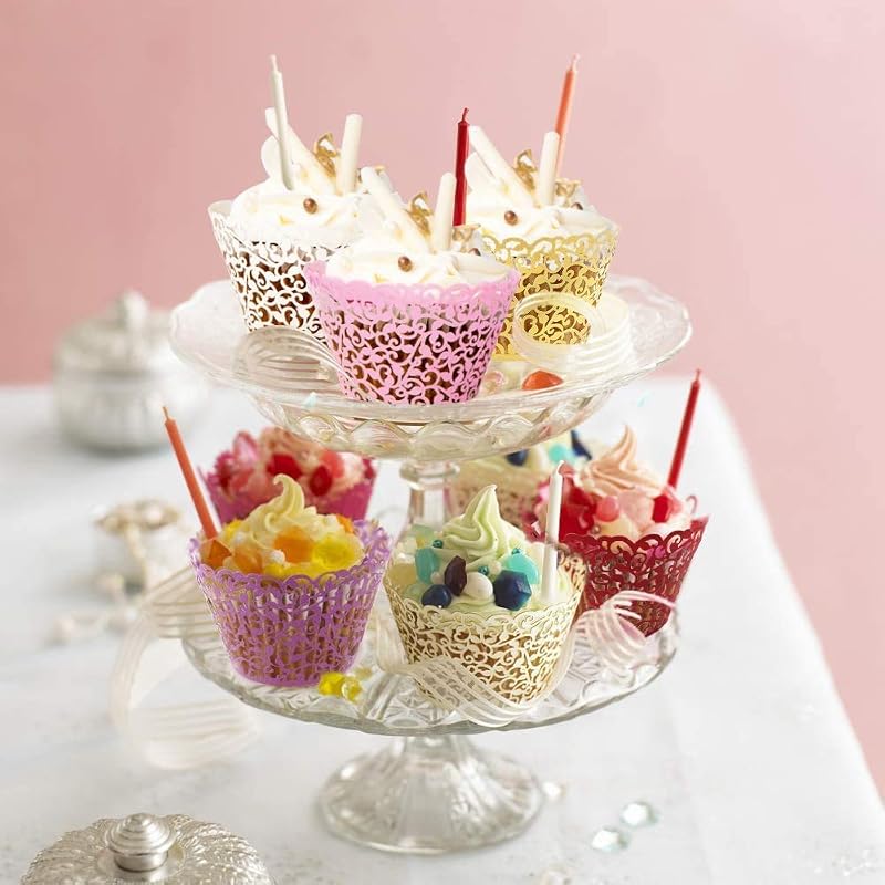 Lace Cupcake Wrappers 50pcs - Pink Hollow Out Paper Cupcake Liners for Weddings & Birthday