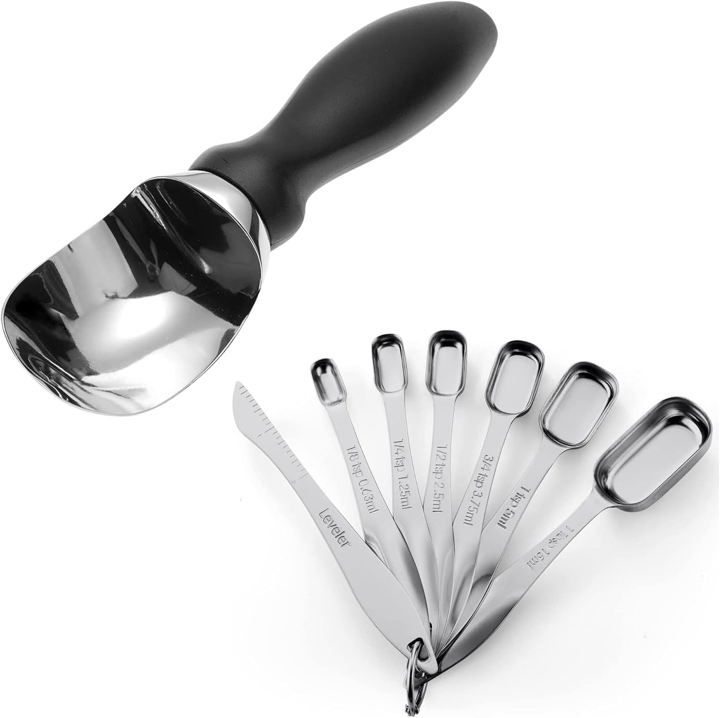 Spring Chef Premium Ice Cream Scoop - Black & Stainless Steel Measuring Spoons Set of 7
