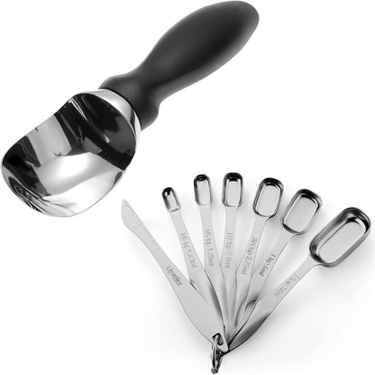 Spring Chef Premium Ice Cream Scoop - Black & Stainless Steel Measuring Spoons Set of 7
