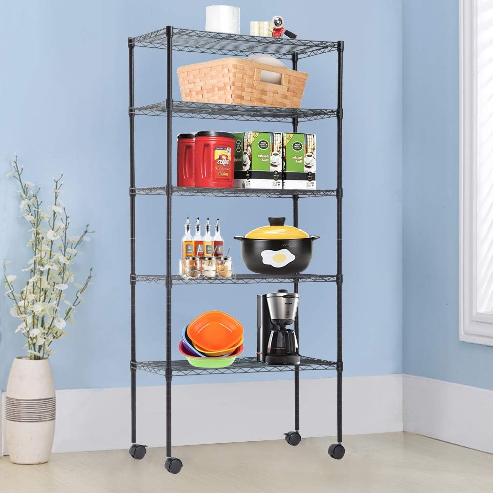BestOffice 5-Tier Wire Storage Shelves - Adjustable Heavy-Duty Metal Rack with Wheels | 14x30x60 | Black | Holds Up to 220 lbs | No-Tool Assembly for Home & Garage