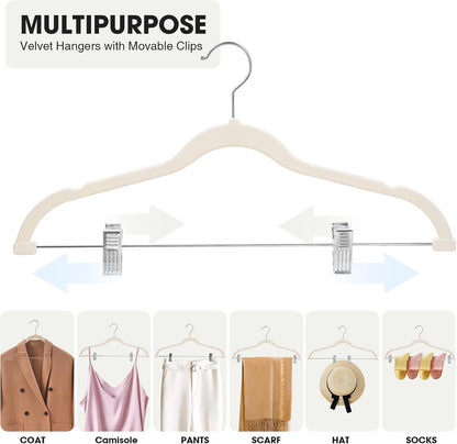 Skiennix 24-Pack Beige Velvet Hangers - Adjustable, Heavy-Duty, Non-Slip Design for Space Saving