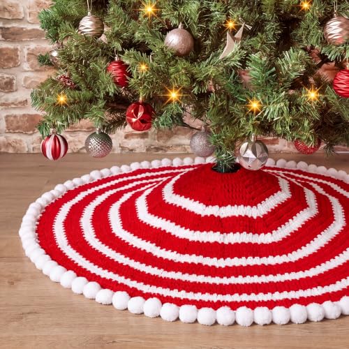 36 Inch Red White Crochet Christmas Tree Skirt with Pom Trim