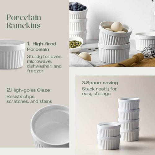 DOWAN 4 Oz Ramekins - Oven Safe Porcelain Bowls for Crème Brûlée & Soufflé | Set of 6, Classic White