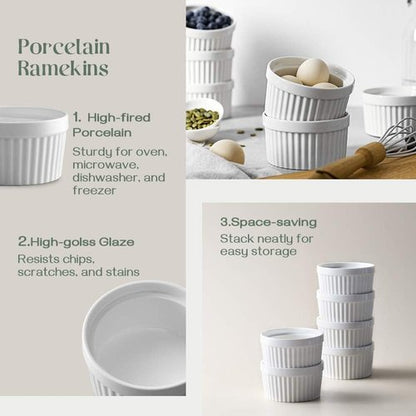 DOWAN 4 Oz Ramekins - Oven Safe Porcelain Bowls for Crème Brûlée & Soufflé | Set of 6, Classic White