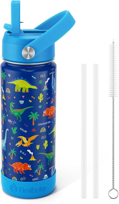 Fimibuke Kids Insulated Water Bottle - 18oz BPA-Free Stainless Steel Tumbler with Straw | Blue Dinosaur Design