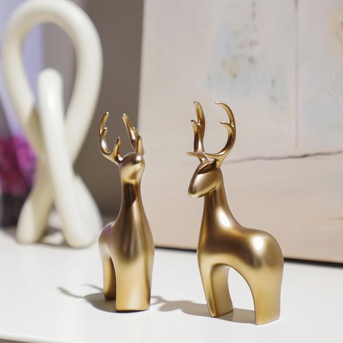 Braxio Deer Statue | Elegant Gold Reindeer Sculptures - 2pcs Resin Figurines for Home Decor