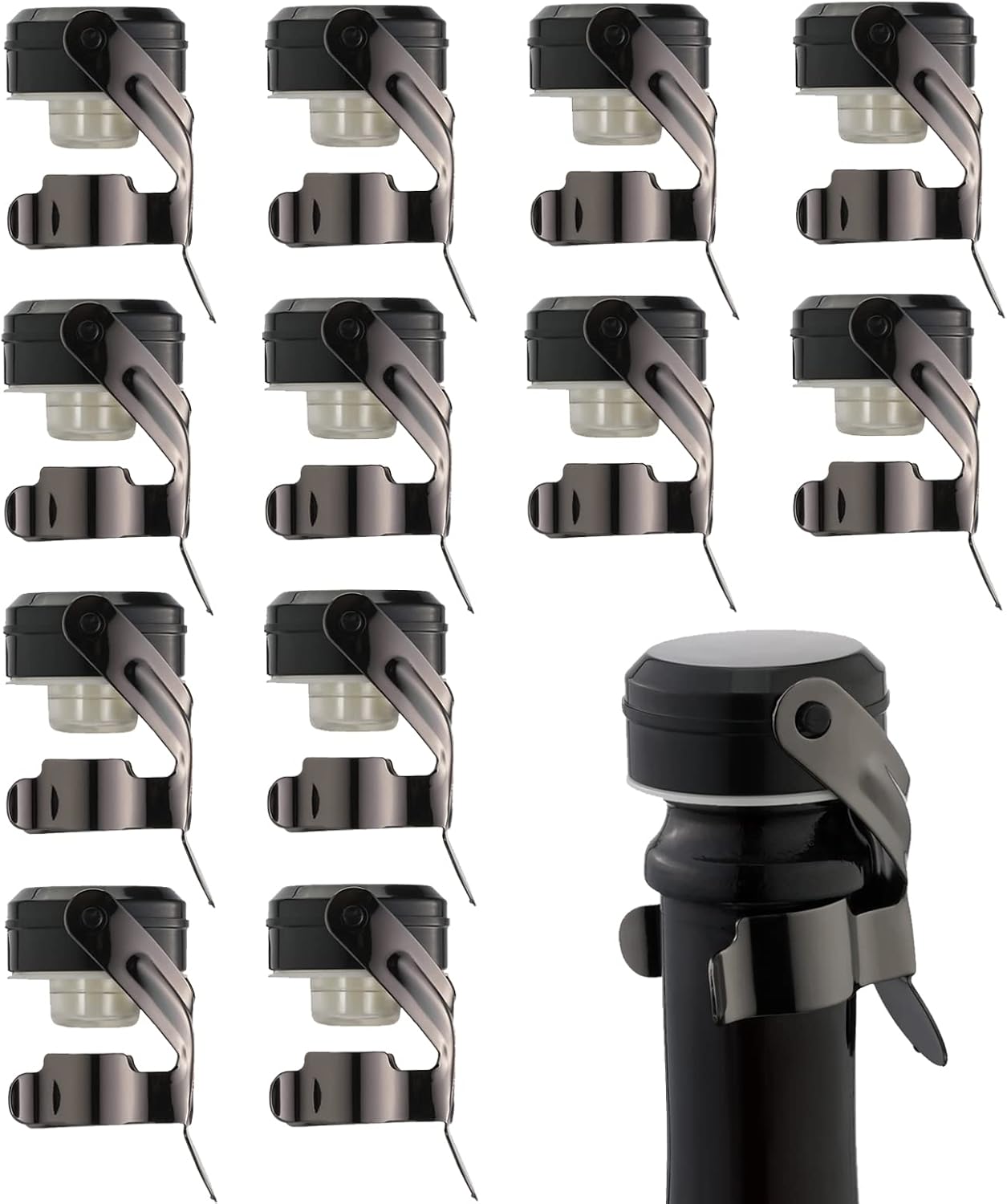 WOTOR Champagne&Wine Bottle Stoppers Stainless Steel with Food Grade Silicone, Leak Proof Keep Fresh Reusable Saver, Cork Suitable for Wine, Champagne, Cava, Prosecco and Sparkling (12 Pack Black）