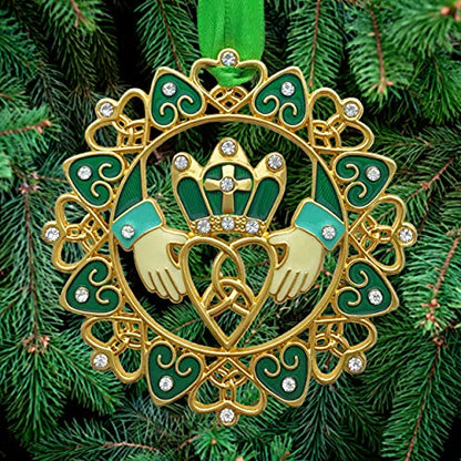 Irish Christmas Ornament - Gold Claddagh with Emerald Jewels & Enamel - Irish Heritage Gift - Variation 1