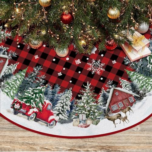 Red Buffalo Plaid Christmas Tree Skirt 48 Inch with Truck Design