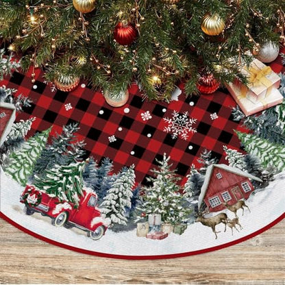 Red Buffalo Plaid Christmas Tree Skirt 48 Inch with Truck Design