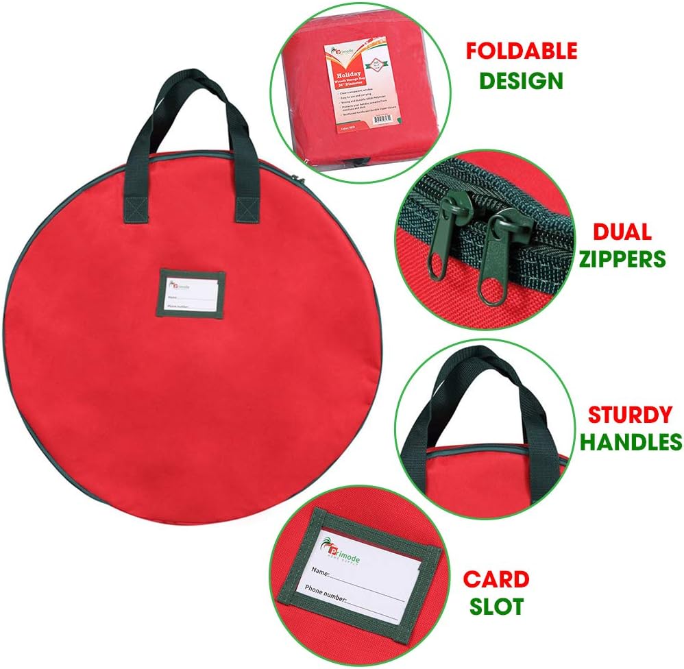 Primode Christmas Wreath Storage Bag - 24" Artificial Wreath Container with Sturdy Handles & Dual Zipper - Red (2 Pack)