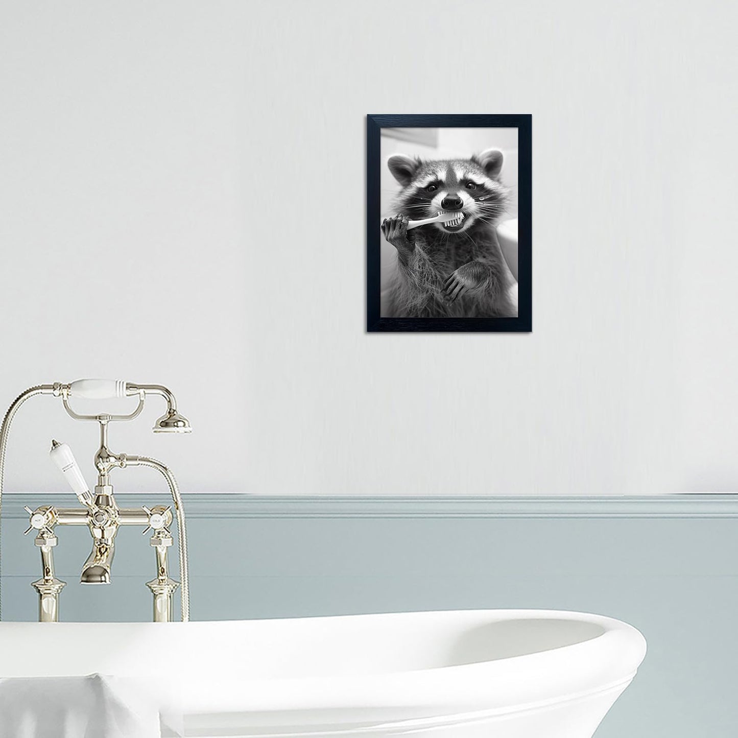 Raccoon Bathroom Art - Funny Black and White Animal Wall Decor | Framed Print for Farmhouse Style