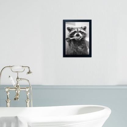 Raccoon Bathroom Art - Funny Black and White Animal Wall Decor | Framed Print for Farmhouse Style