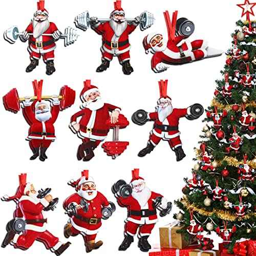 Amyhill 27 Pieces Santa Gym Weightlifter Ornament Christmas Wooden Weight Lifting Hanging Ornaments for Christmas Tree Fitness Gym Deadlift Decorative with Rope for Tree Party Favors