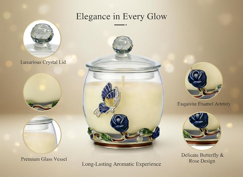 Blue Butterfly Rose Scented Soy Candle – Luxe Glass Jar with Crystal Lid, 60-80 Hr Burn