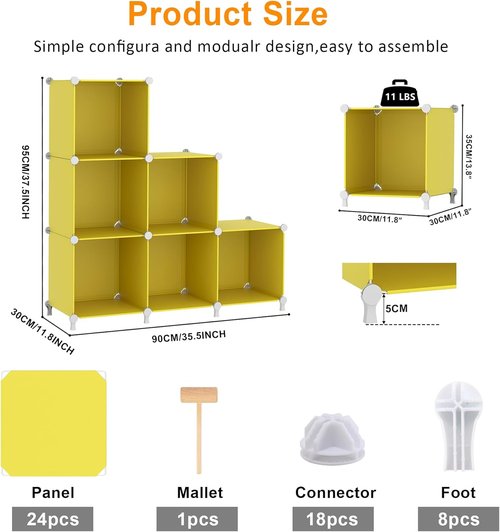 AWTATOS Cube Storage Organizer - 6 Cube DIY Stackable Bookshelf for Bedroom & Home - Yellow