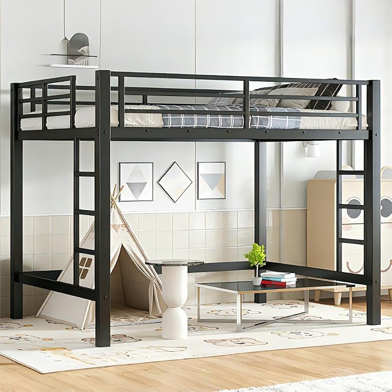 Bellemave Full-Size Loft Bed Frame with Dual Ladders, Iron Construction, No Box Spring Needed - Black (Variation: Black+Full)