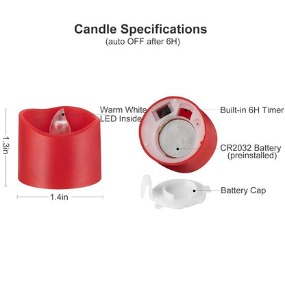 Red Base Warm White Flickering LED Tea Lights, 6H Auto Timer - 12 Pack (Variation: Red)
