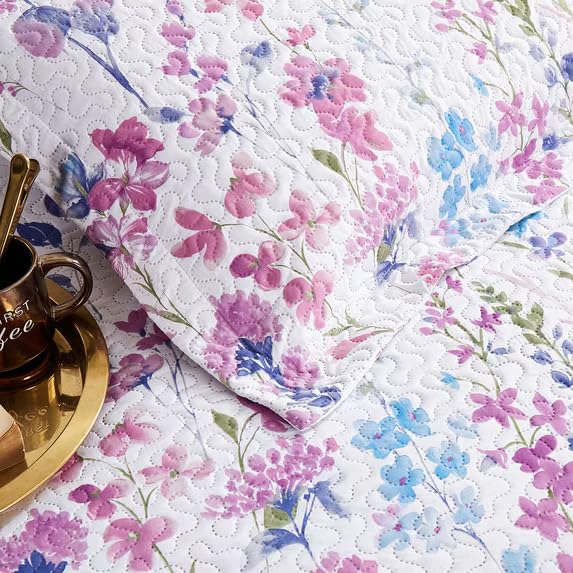 Purple Floral Quilted Bedspread Set for Queen/Full Size Bedding - Lilac Flower Design