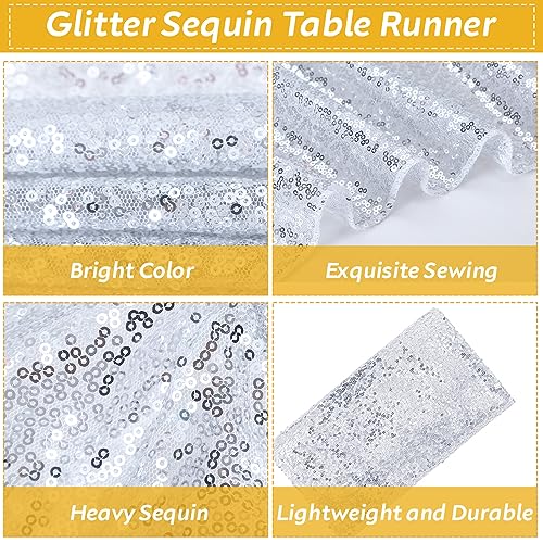 Silver and White Round Plastic Tablecloth & Sequin Runner Set - Party Decor