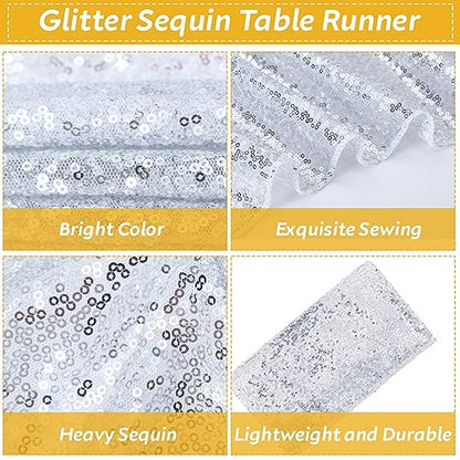 Silver and White Round Plastic Tablecloth & Sequin Runner Set - Party Decor